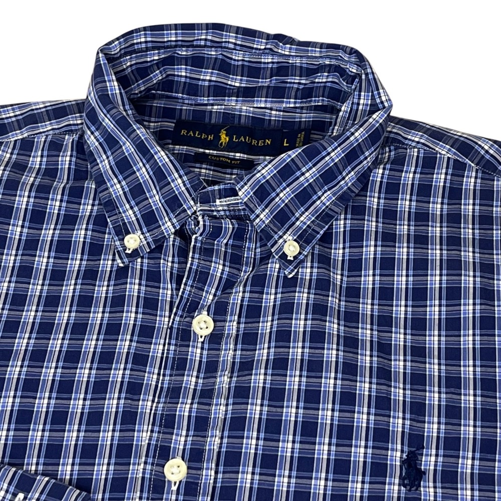 Ralph Lauren Men's‎ Blue Plaid Custom Fit Cotton Button Down Shirt Large Casual